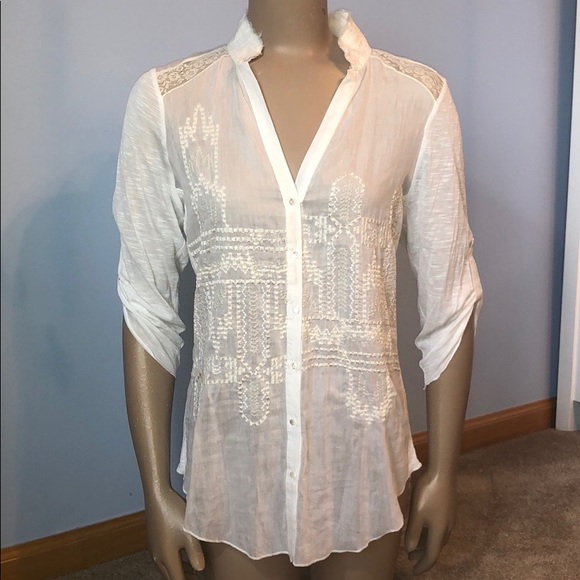 Anthropologie Tops - Anthro Tiny Embroidered Metallic Button Down Top